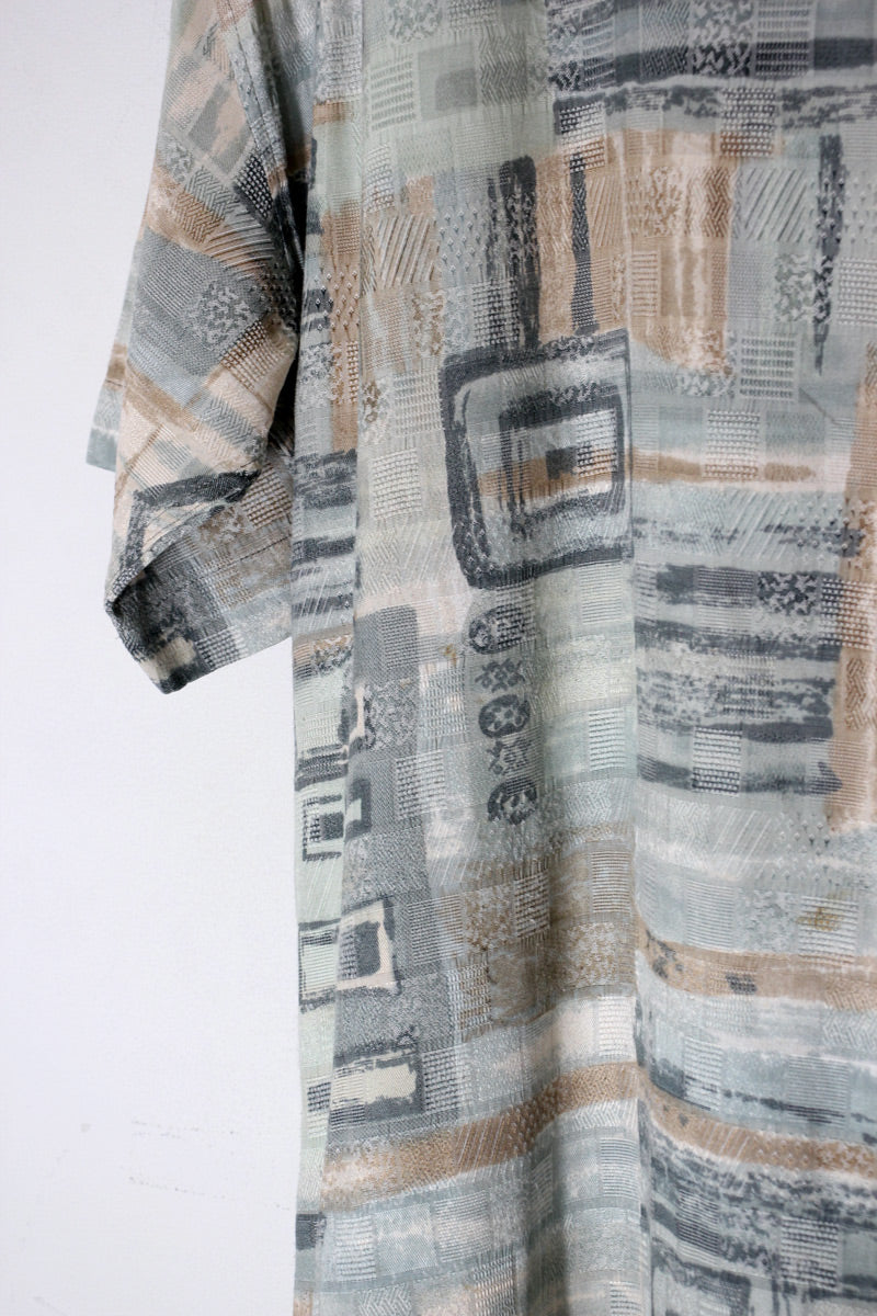 90'S S/S POCKET DESIGN PATTERN VISCOSE ART SHIRT / LIGHT GREEN/BEIGE [SIZE: L equivalent USED]