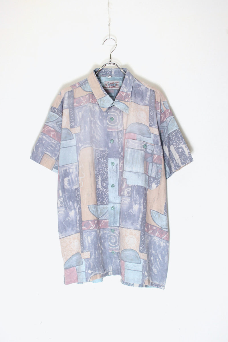 90s S/S Pocket Design Pattern Art Shirt / BEIGE/DUSTY BLUE [SIZE: XXL USED]