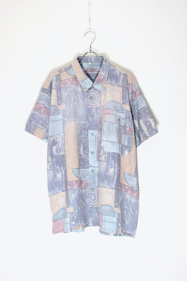90'S S/S POCKET DESIGN PATTERN ART SHIRT / BEIGE/DUSTY BLUE [SIZE: XXL USED]