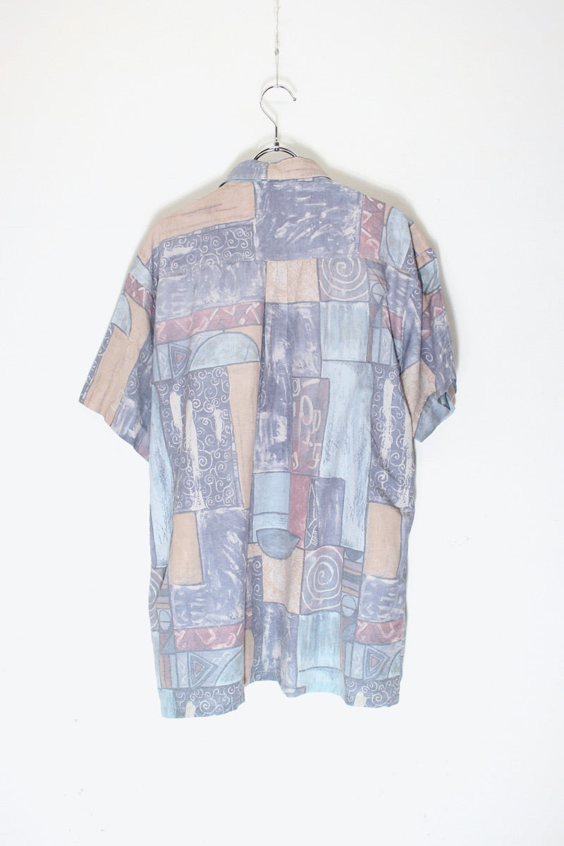 90s S/S Pocket Design Pattern Art Shirt / BEIGE/DUSTY BLUE [SIZE: XXL USED]