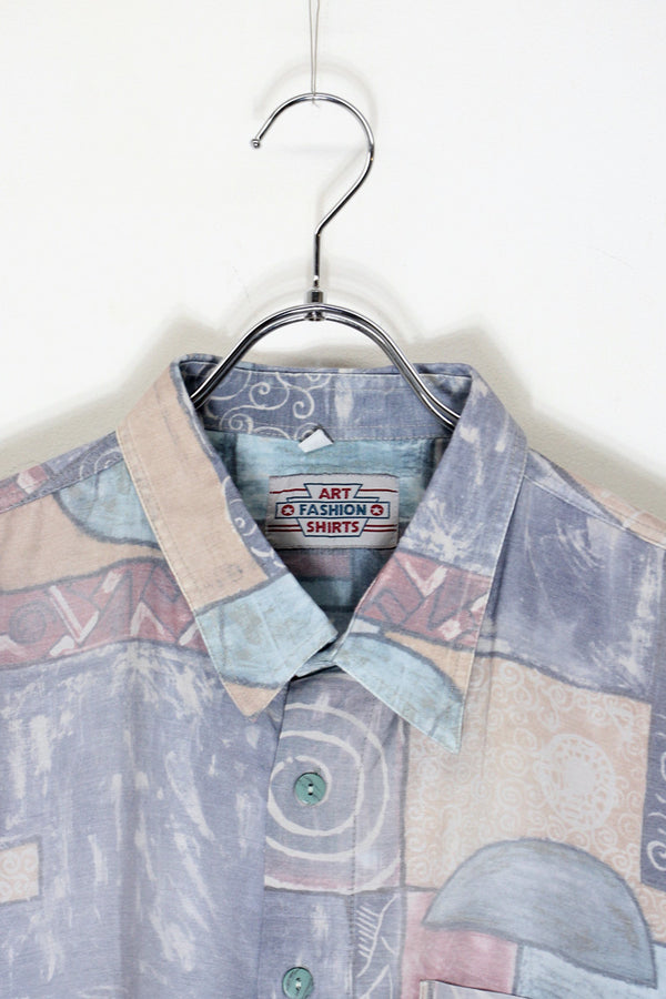 90s S/S Pocket Design Pattern Art Shirt / BEIGE/DUSTY BLUE [SIZE: XXL USED]