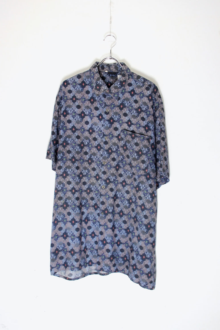 S/S POCKET DESIGN TOTAL PATTERN VISCOSE SHIRT / BLACK/BLUE [SIZE: XL相当 USED]