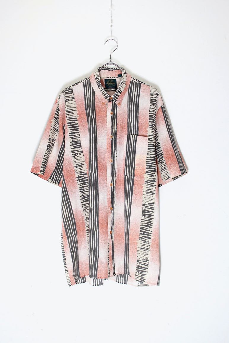 90'S S/S B.D DESIGN PATTERN STRIPE SHIRT / PINK/WHITE/BLACK [SIZE: L USED]