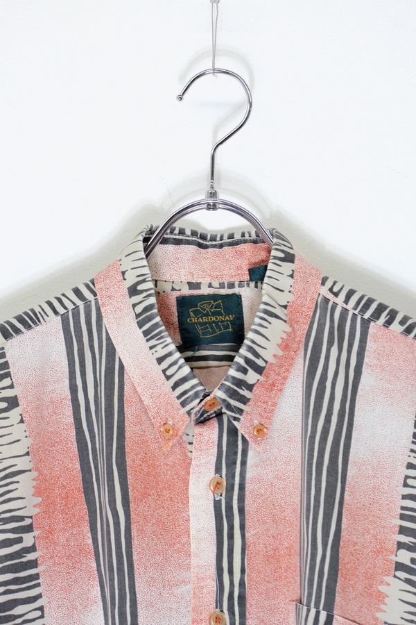 90'S S/S B.D DESIGN PATTERN STRIPE SHIRT / PINK/WHITE/BLACK [SIZE: L USED]