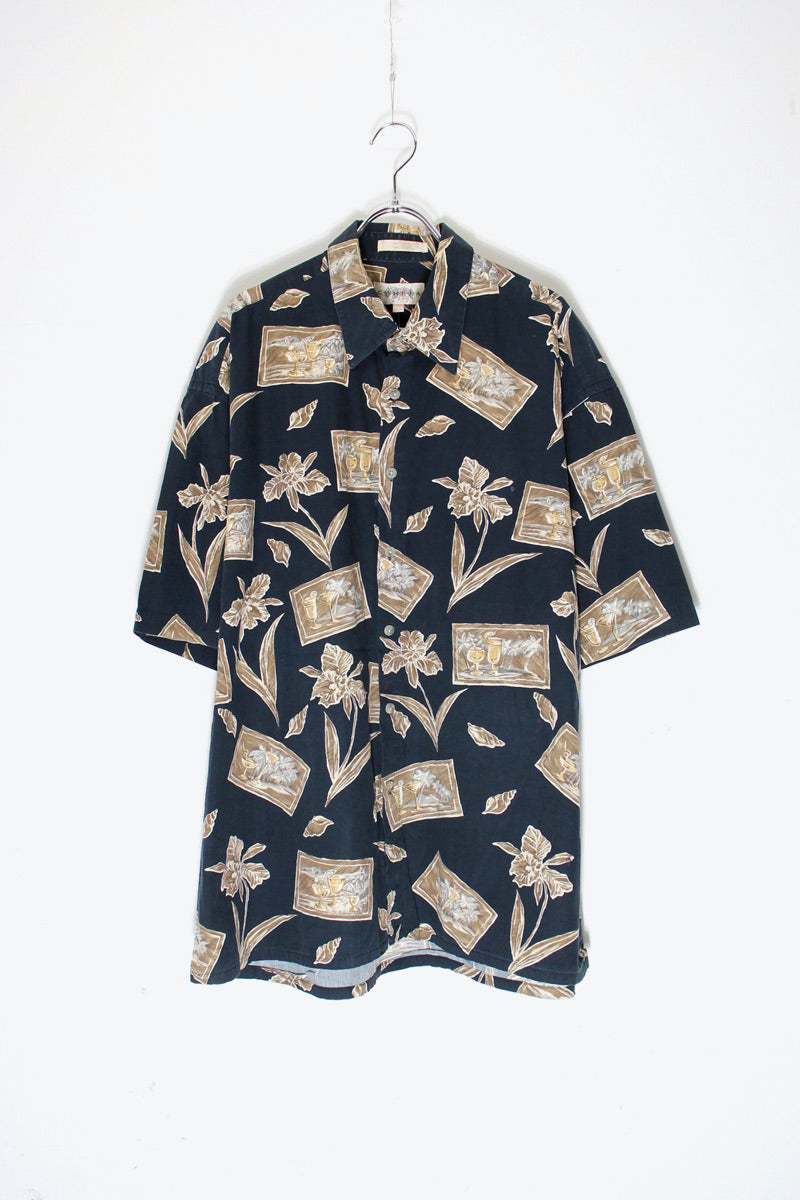 90'S S/S DESIGN PATTERN COTTON ART SHIRT / BLACK/KHAKI [SIZE: XL USED]