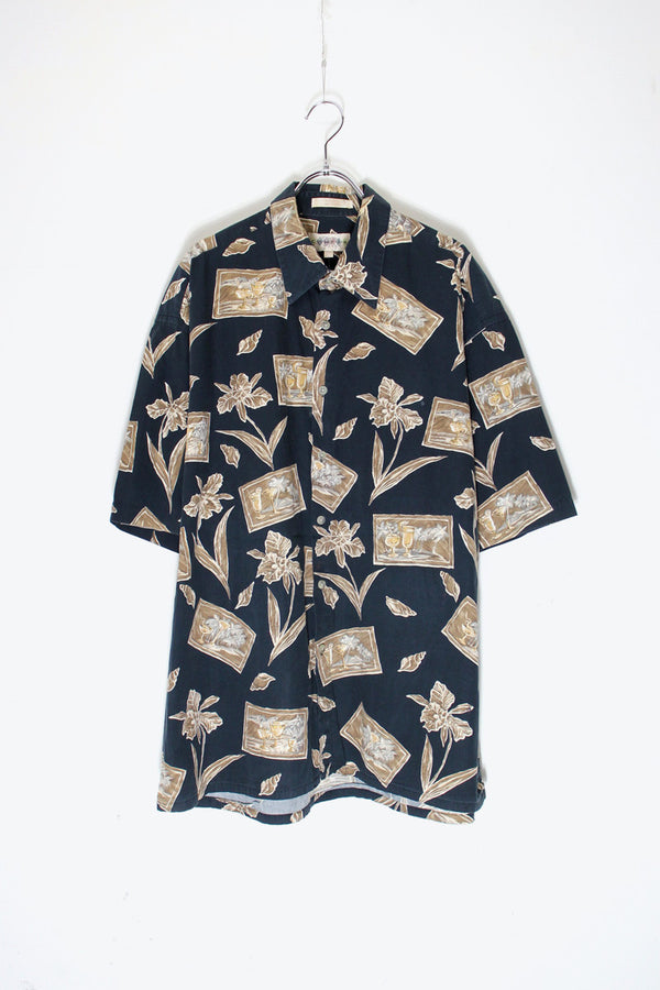 90'S S/S DESIGN PATTERN COTTON ART SHIRT / BLACK/KHAKI [SIZE: XL USED]