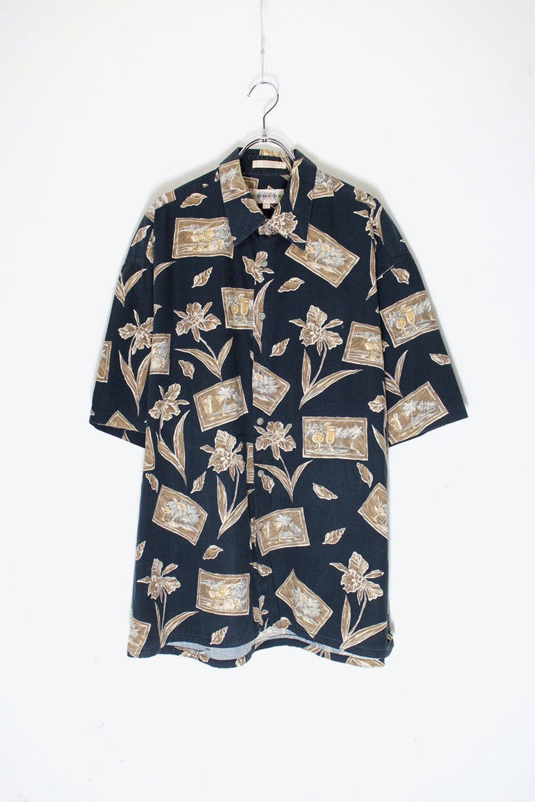 90'S S/S DESIGN PATTERN COTTON ART SHIRT / BLACK/KAHKI [SIZE: XL USED]