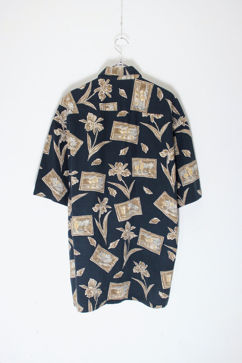 90'S S/S DESIGN PATTERN COTTON ART SHIRT / BLACK/KHAKI [SIZE: XL USED]