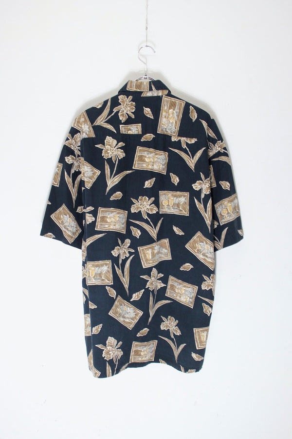 90'S S/S DESIGN PATTERN COTTON ART SHIRT / BLACK/KHAKI [SIZE: XL USED]