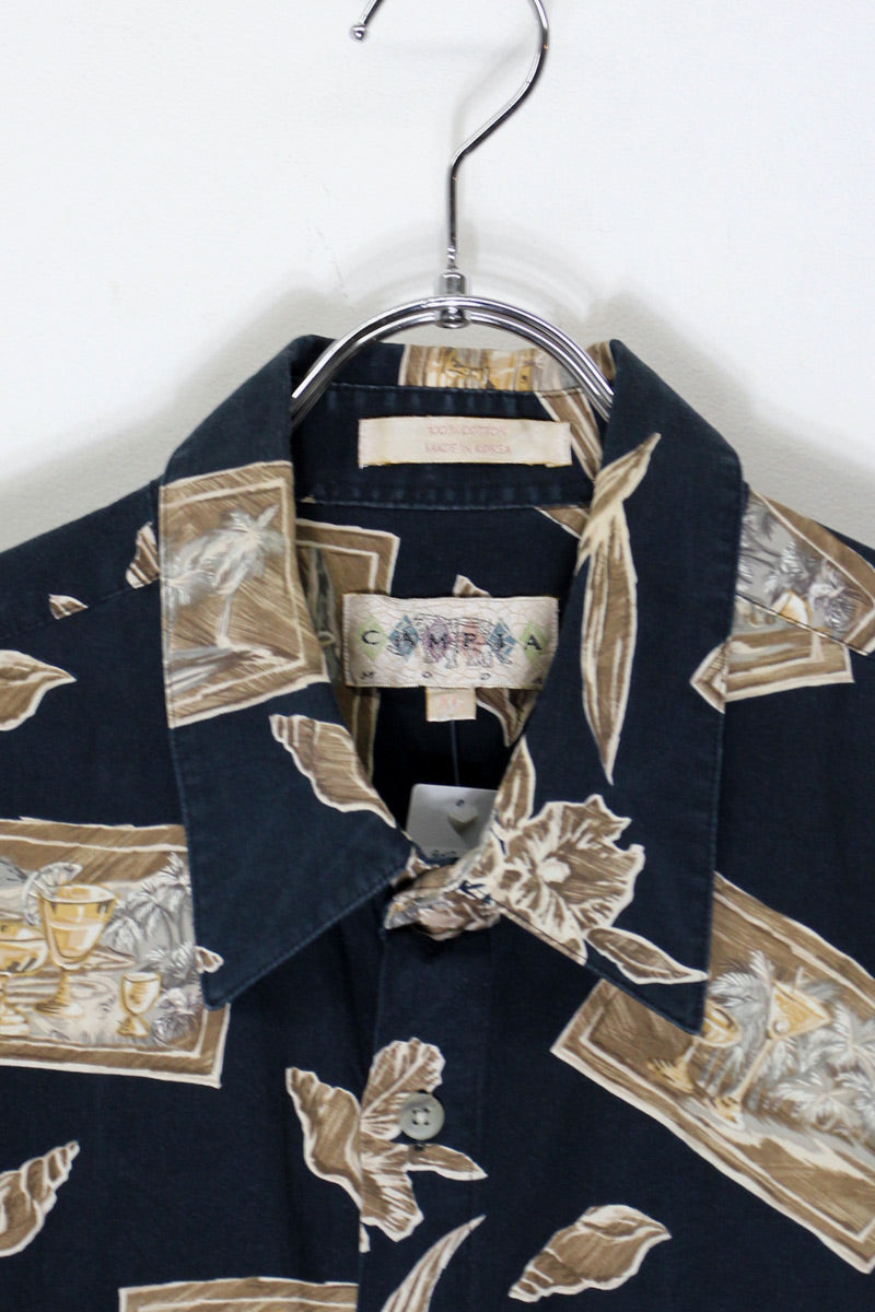 90'S S/S DESIGN PATTERN COTTON ART SHIRT / BLACK/KHAKI [SIZE: XL USED]
