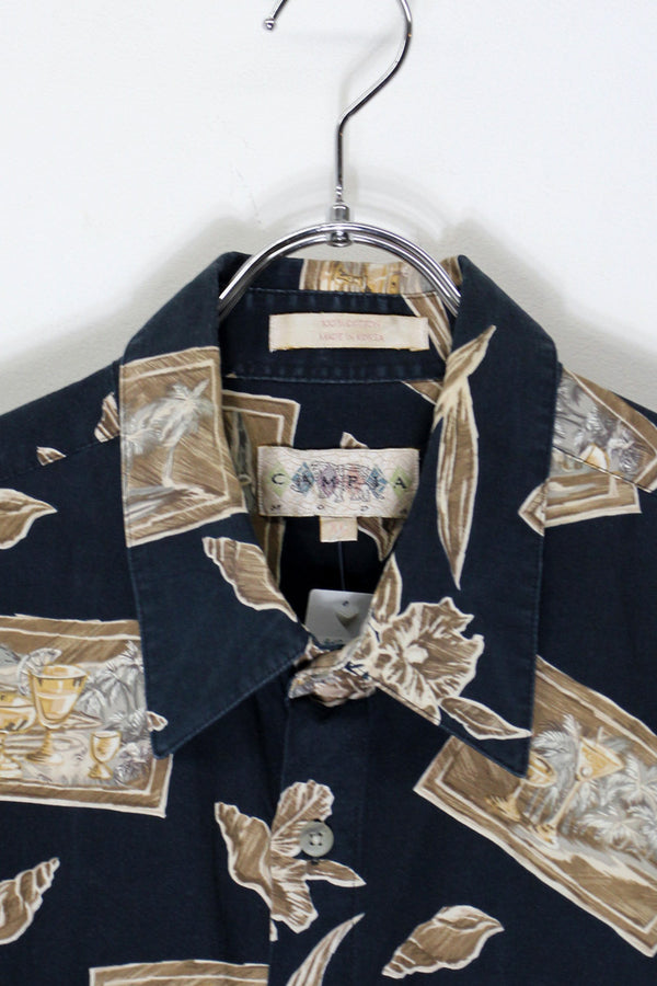 90'S S/S DESIGN PATTERN COTTON ART SHIRT / BLACK/KHAKI [SIZE: XL USED]
