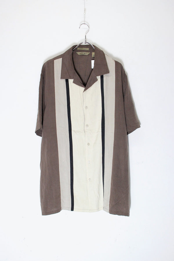 S/S OPEN COLLAR TWO-TORN SILK SHIRT / BROWN/BEIGE [SIZE: XL USED]