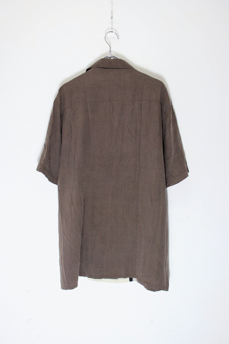 S/S OPEN COLLAR TWO-TORN SILK SHIRT / BROWN/BEIGE [SIZE: XL USED]