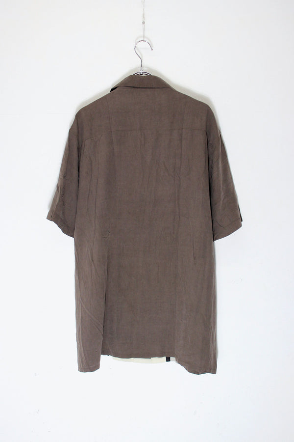 S/S OPEN COLLAR TWO-TORN SILK SHIRT / BROWN/BEIGE [SIZE: XL USED]