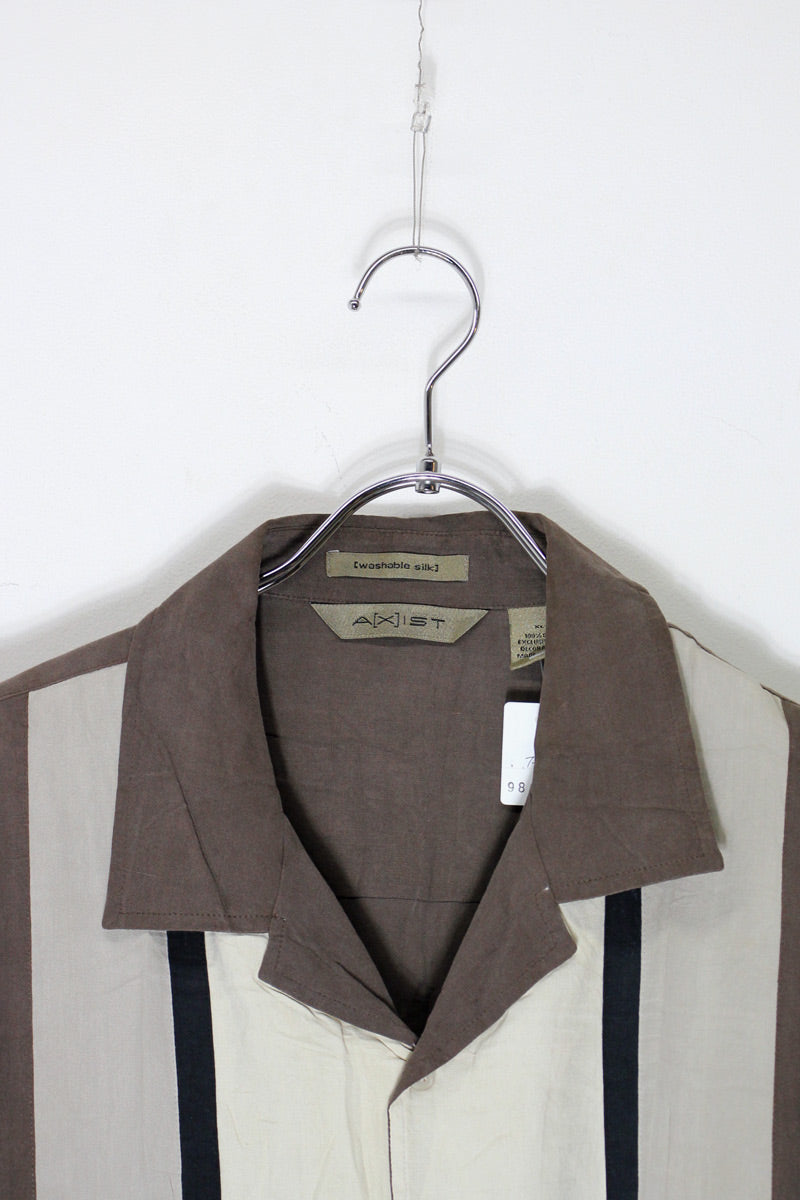 S/S OPEN COLLAR TWO-TORN SILK SHIRT / BROWN/BEIGE [SIZE: XL USED]