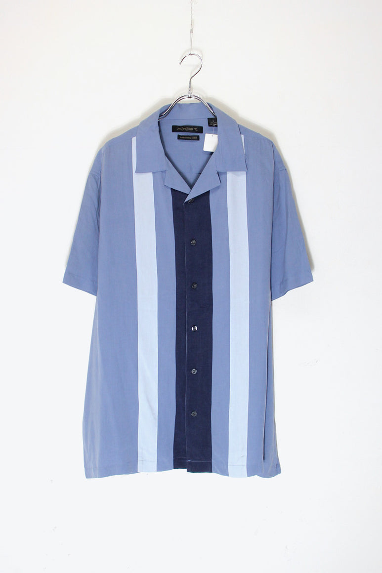 S/S OPEN COLLAR TWO TORN SILK SHIRT / DUSTY BLUE/NAVY [SIZE: L USED]