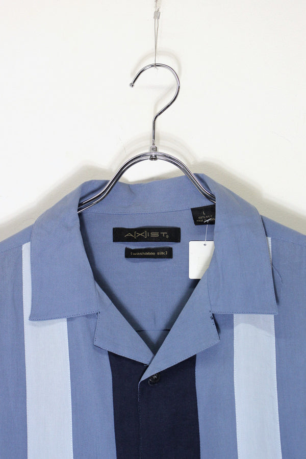 S/S OPEN COLLAR TWO TORN SILK SHIRT / DUSTY BLUE/NAVY [SIZE: L USED]