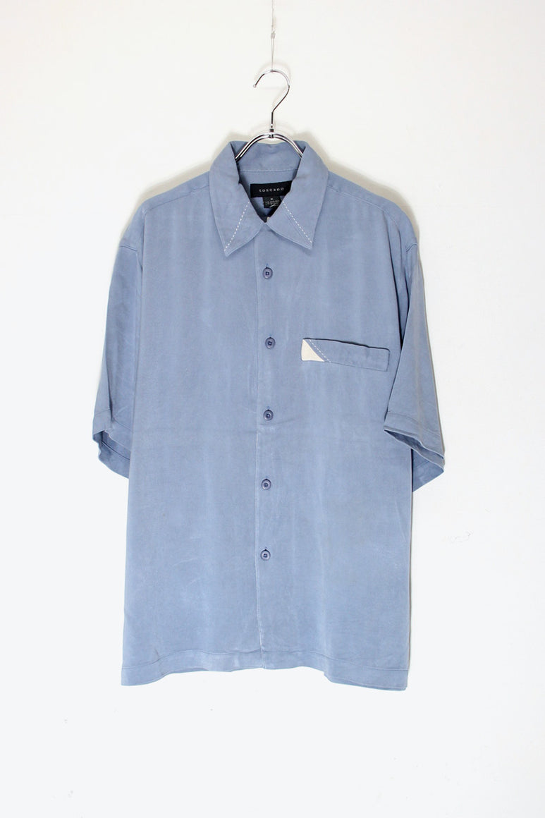 S/S POCKET STITCH DESIGN SILK SHIRT / SKY BLUE [SIZE: M USED]