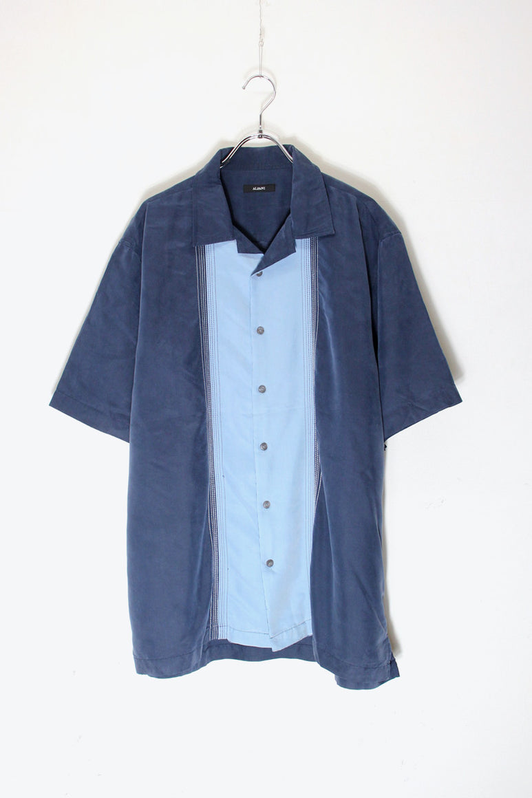 S/S OPEN COLLAR TWO TORN STITCH MODAL SHIRT / NAVY/SKY BLUE [SIZE: L USED]