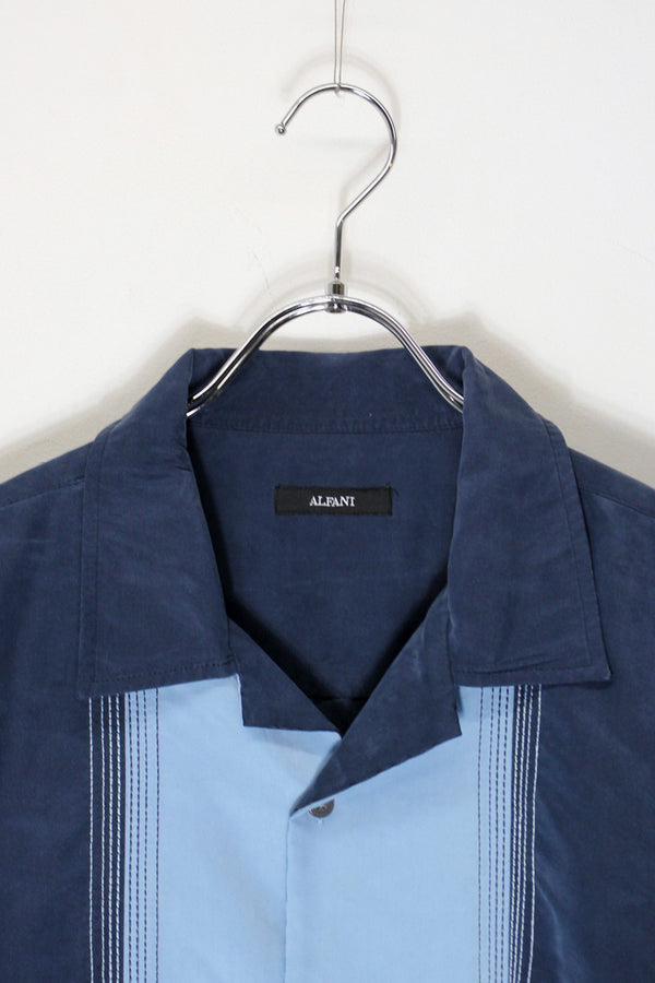 S/S OPEN COLLAR TWO TORN STITCH MODAL SHIRT / NAVY/SKY BLUE [SIZE: L USED]