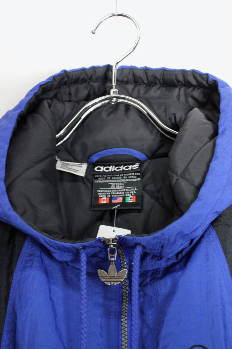 90'S NYLON HOODIE PUFF JACKET / BLUE/BLACK [SIZE: L USED]