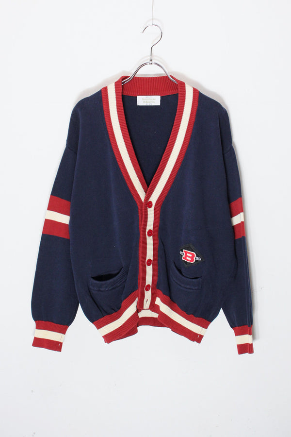 MADE IN ITALY 90'S RIB LINE COTTON KNIT CARDIGAN / NAVY [SIZE: M Equivalent USED]