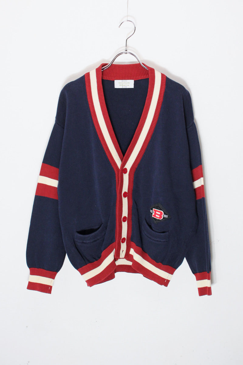MADE IN ITALY 90'S RIB LINE COTTON KNIT CARDIGAN / NAVY [SIZE: M相当 USED]