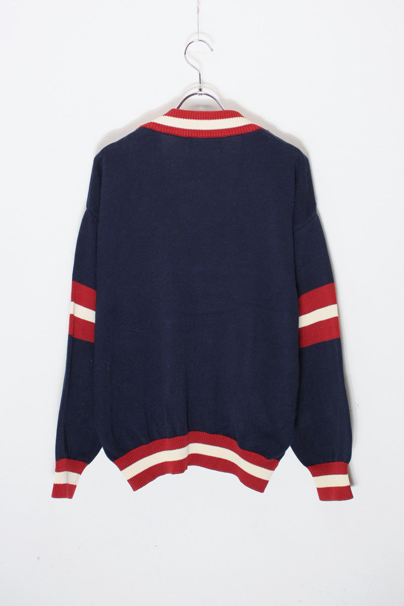 MADE IN ITALY 90'S RIB LINE COTTON KNIT CARDIGAN / NAVY [SIZE: M Equivalent USED]