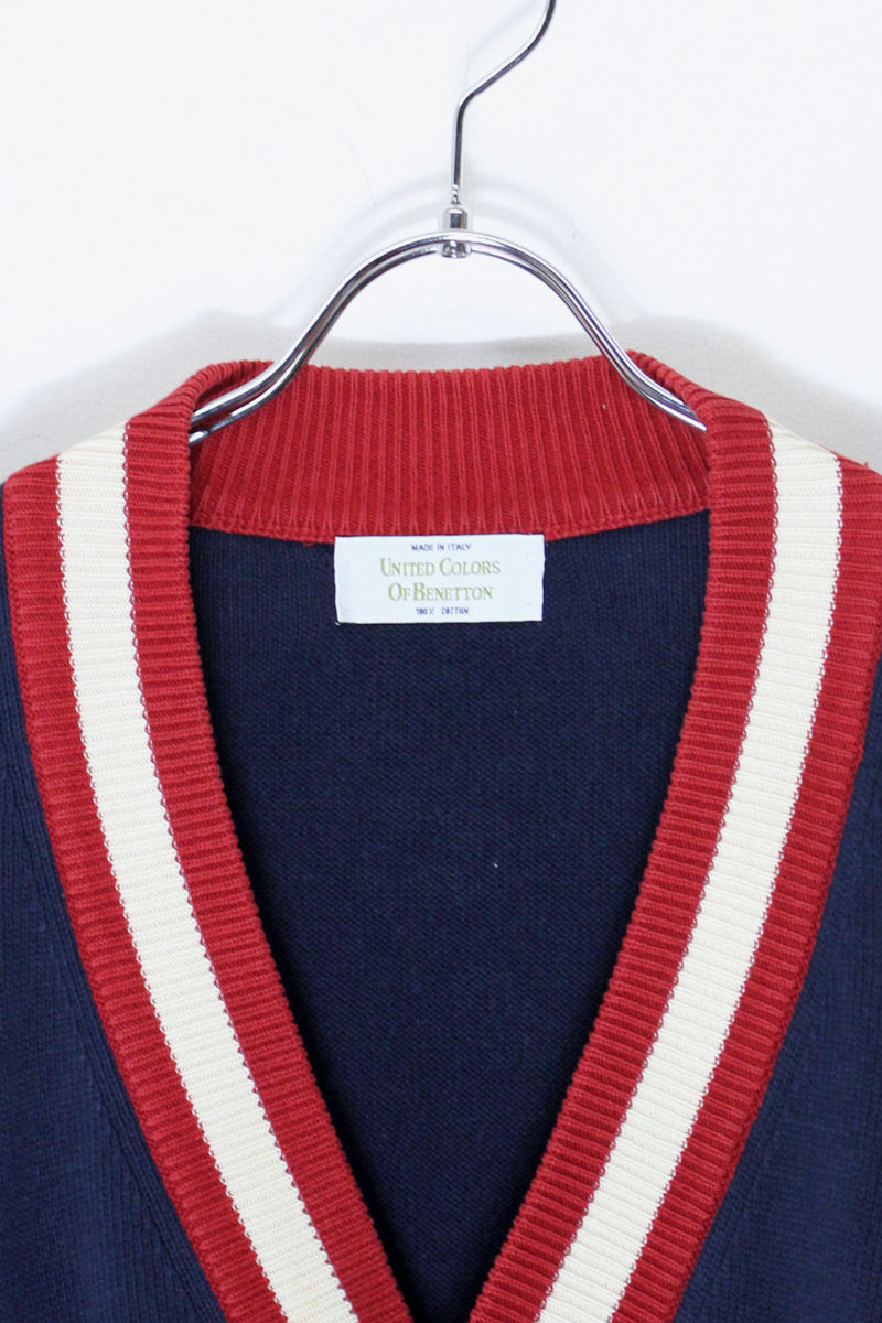 MADE IN ITALY 90'S RIB LINE COTTON KNIT CARDIGAN / NAVY [SIZE: M Equivalent USED]