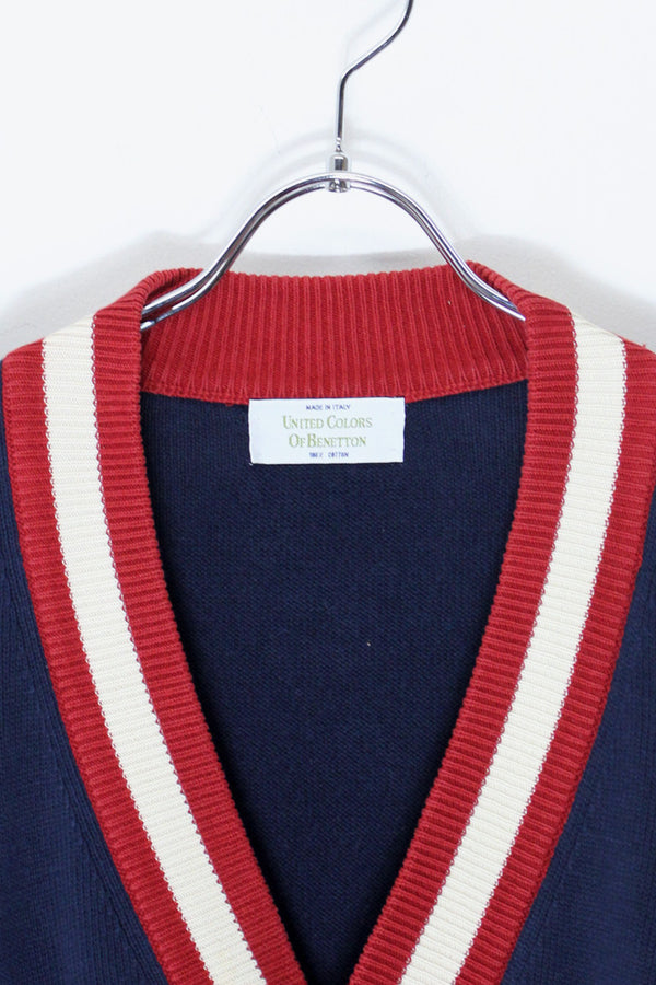 MADE IN ITALY 90'S RIB LINE COTTON KNIT CARDIGAN / NAVY [SIZE: M Equivalent USED]