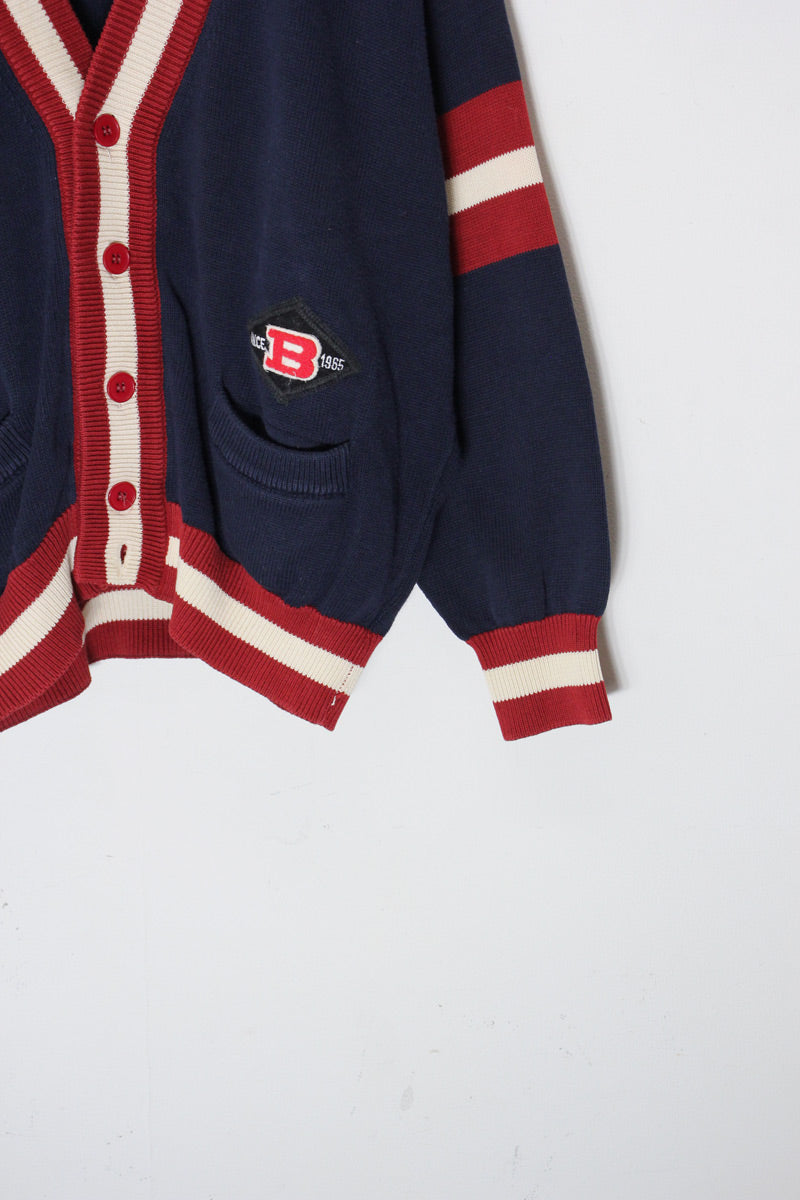 MADE IN ITALY 90'S RIB LINE COTTON KNIT CARDIGAN / NAVY [SIZE: M Equivalent USED]
