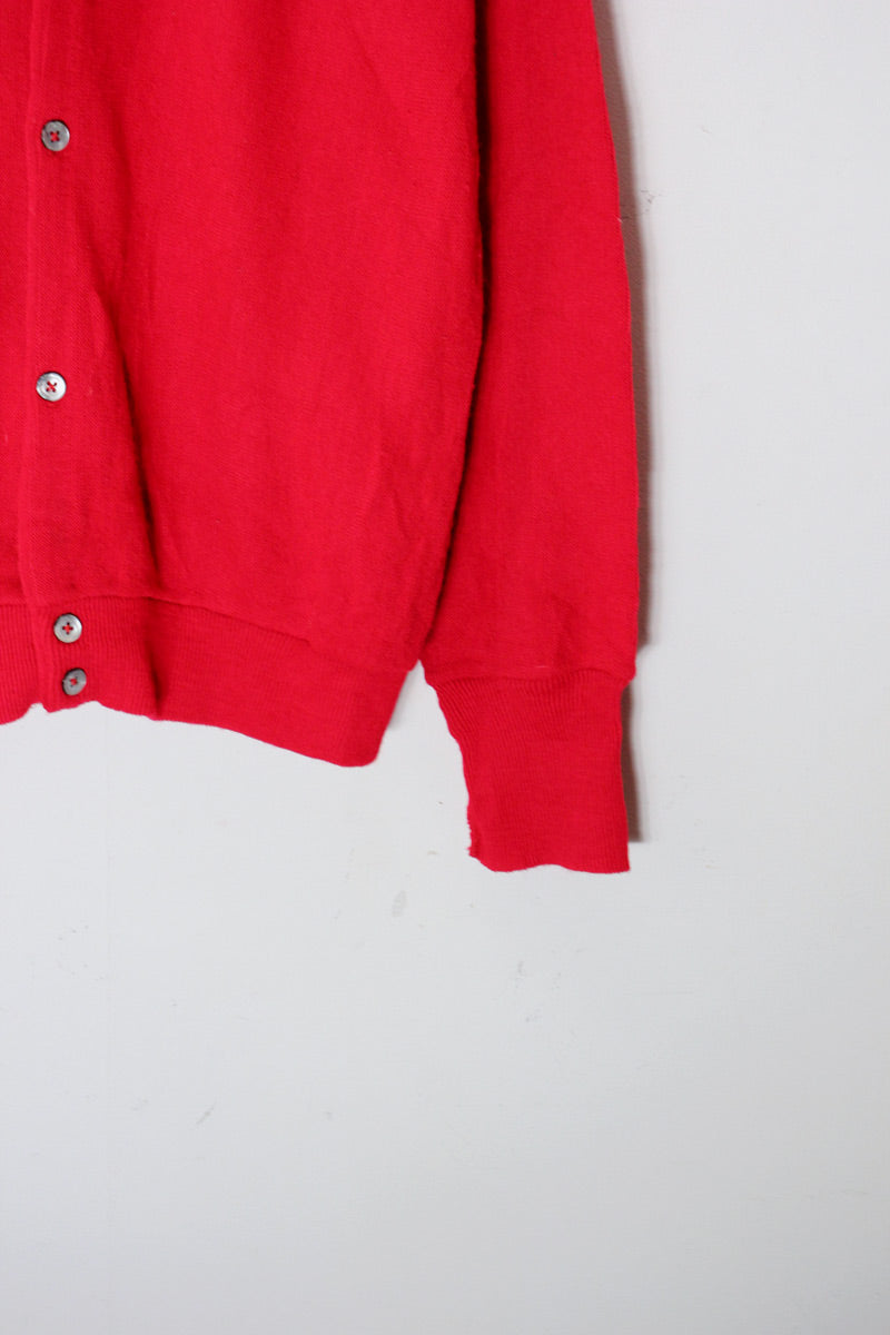 MADE IN USA 90'S ONE POINT ACRYLIC KNIT CARDIGAN / RED [SIZE: XL USED]