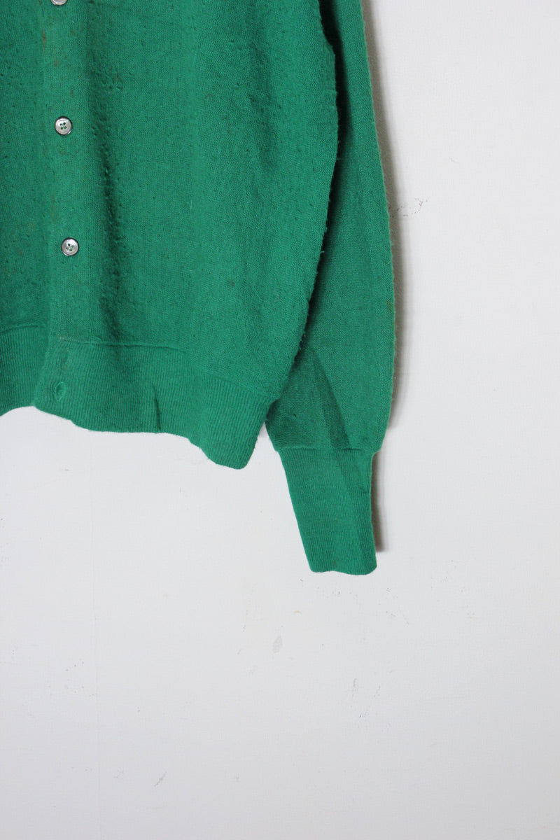 MADE IN USA 90'S ONE POINT ACRYLIC KNIT CARDIGAN / GREEN [SIZE: L USED]