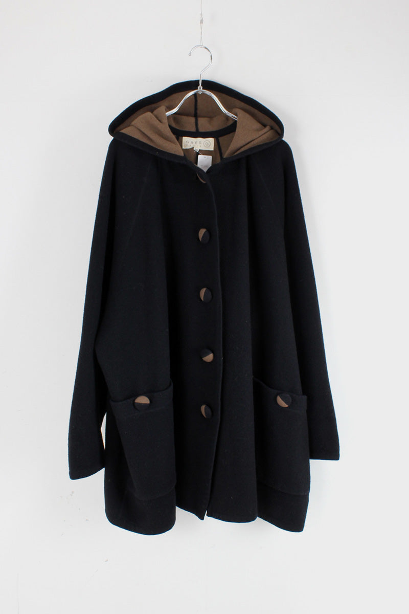 90'S WOOL PONCHO COAT / BLACK/CAMEL [SIZE: Equivalent to M USED]