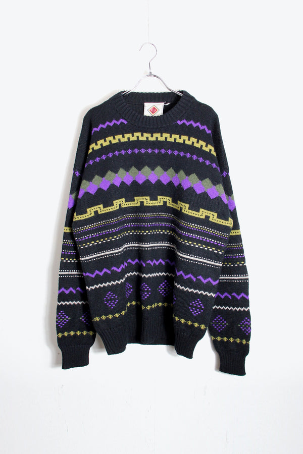 90'S GEOMETRIC PATTERN VIRGIN WOOL KNIT SWEATER / BLACK/PURPLE/YELLOW [SIZE: L USED]