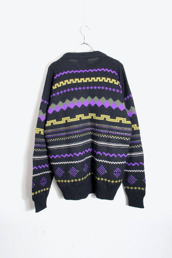 90'S GEOMETRIC PATTERN VIRGIN WOOL KNIT SWEATER / BLACK/PURPLE/YELLOW [SIZE: L USED]