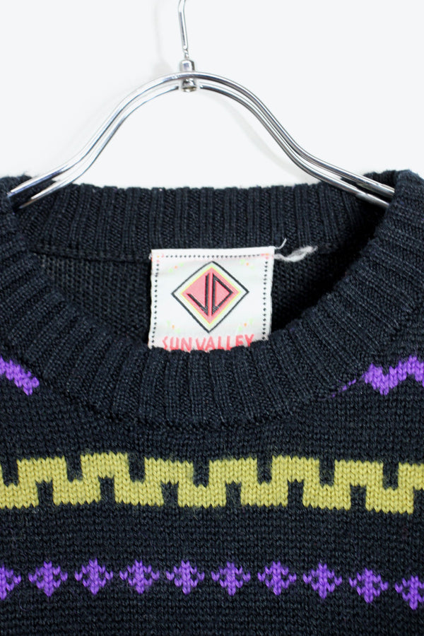90'S GEOMETRIC PATTERN VIRGIN WOOL KNIT SWEATER / BLACK/PURPLE/YELLOW [SIZE: L USED]