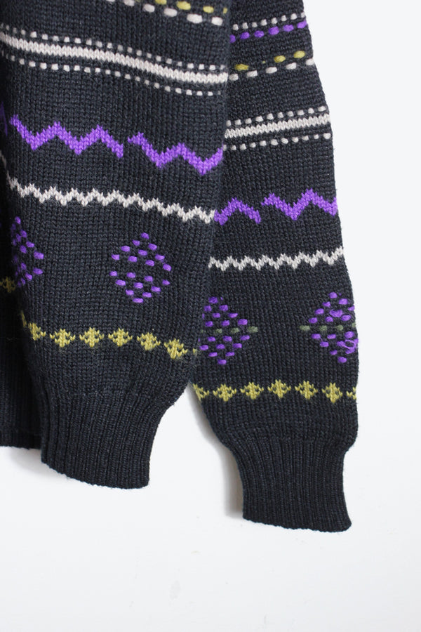 90'S GEOMETRIC PATTERN VIRGIN WOOL KNIT SWEATER / BLACK/PURPLE/YELLOW [SIZE: L USED]
