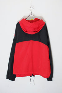 90'S PULLOVER TEO TONE COLOR NYLON HOODIE JACKET / RED/BLACK [SIZE: XL USED]