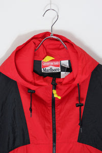 90'S PULLOVER TEO TONE COLOR NYLON HOODIE JACKET / RED/BLACK [SIZE: XL USED]