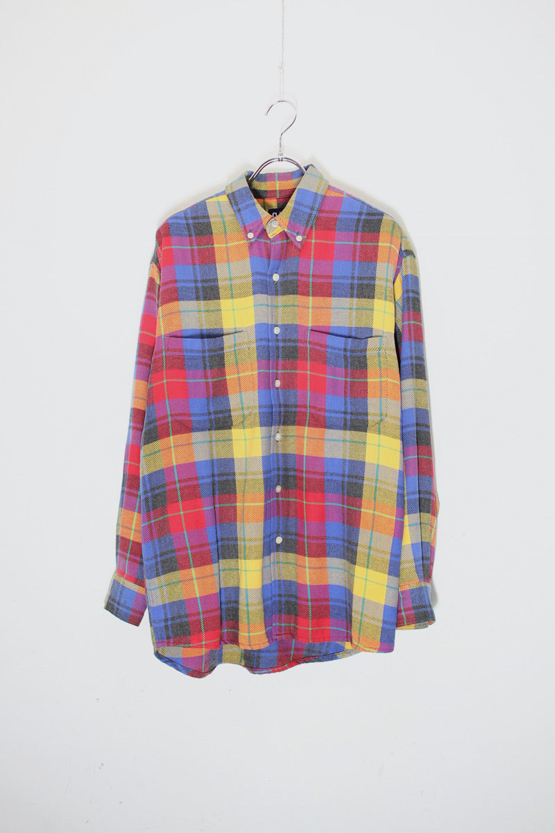 88-90'S LONG SLEEVE FLANNEL COTTON CHECK BD SHIRT / BLUE / YELLOW / RED [SIZE: S USED]