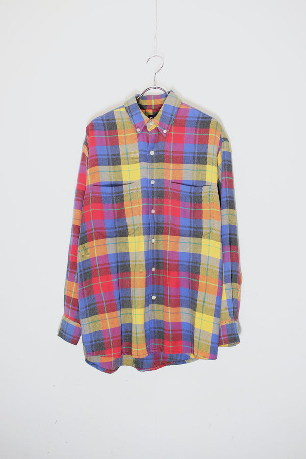 88-90'S LONG SLEEVE FLANNEL COTTON CHECK BD SHIRT / BLUE / YELLOW / RED [SIZE: S USED]