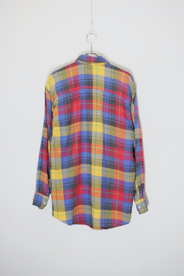 88-90'S LONG SLEEVE FLANNEL COTTON CHECK BD SHIRT / BLUE / YELLOW / RED [SIZE: S USED]