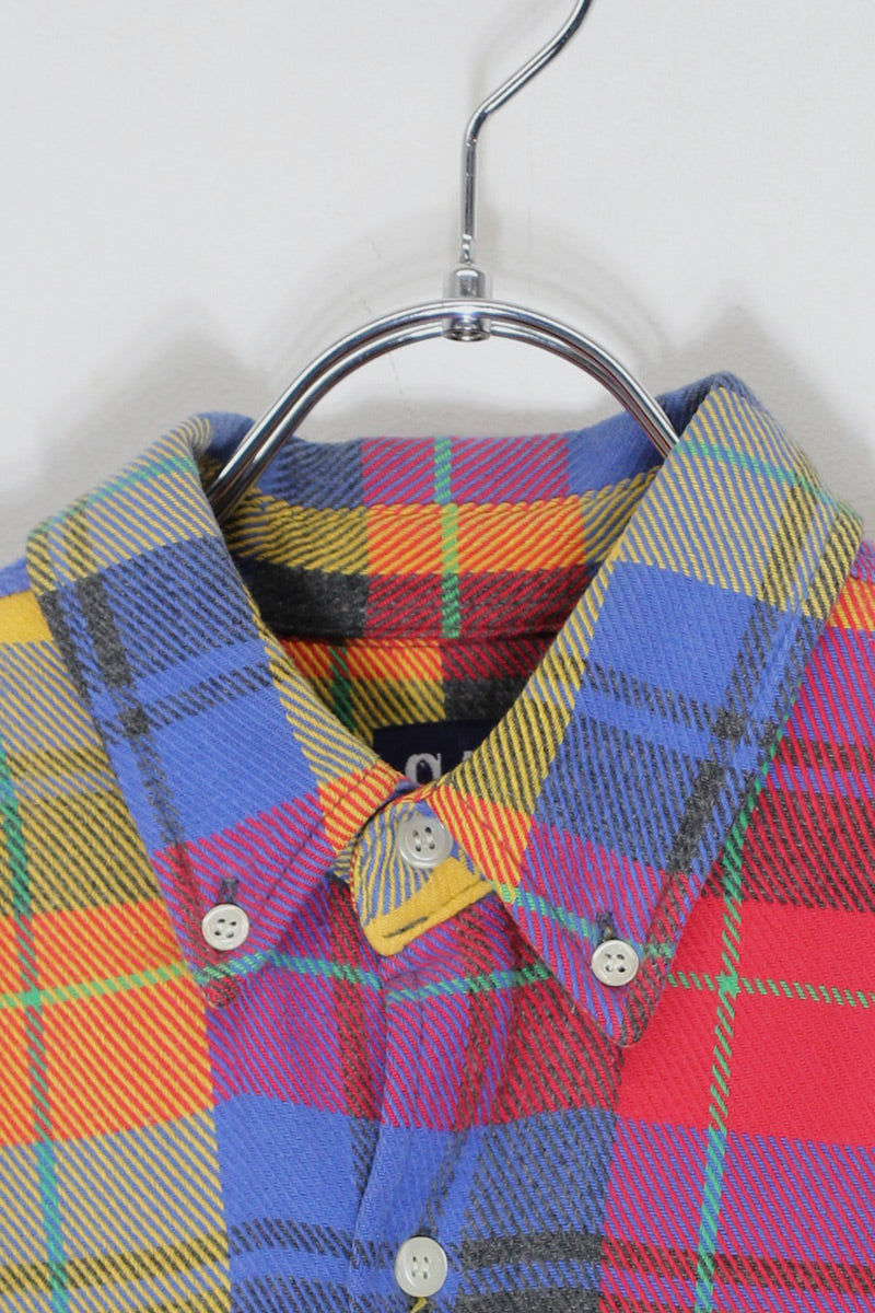 88-90'S LONG SLEEVE FLANNEL COTTON CHECK BD SHIRT / BLUE / YELLOW / RED [SIZE: S USED]