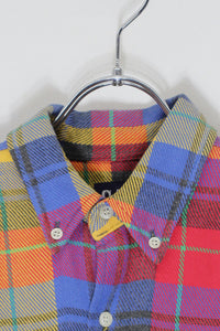 90'S L/S FLANNEL COTTON CHECK BD SHIRT / BLUE / YELLOW / RED [SIZE: S USED]