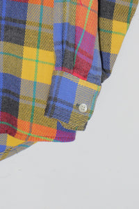 90'S L/S FLANNEL COTTON CHECK BD SHIRT / BLUE / YELLOW / RED [SIZE: S USED]