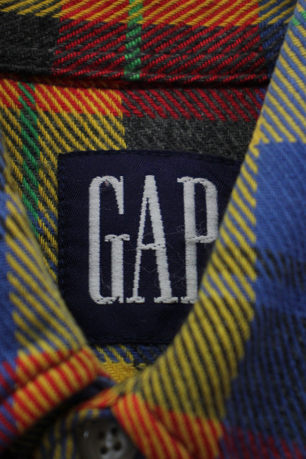 88-90'S LONG SLEEVE FLANNEL COTTON CHECK BD SHIRT / BLUE / YELLOW / RED [SIZE: S USED]