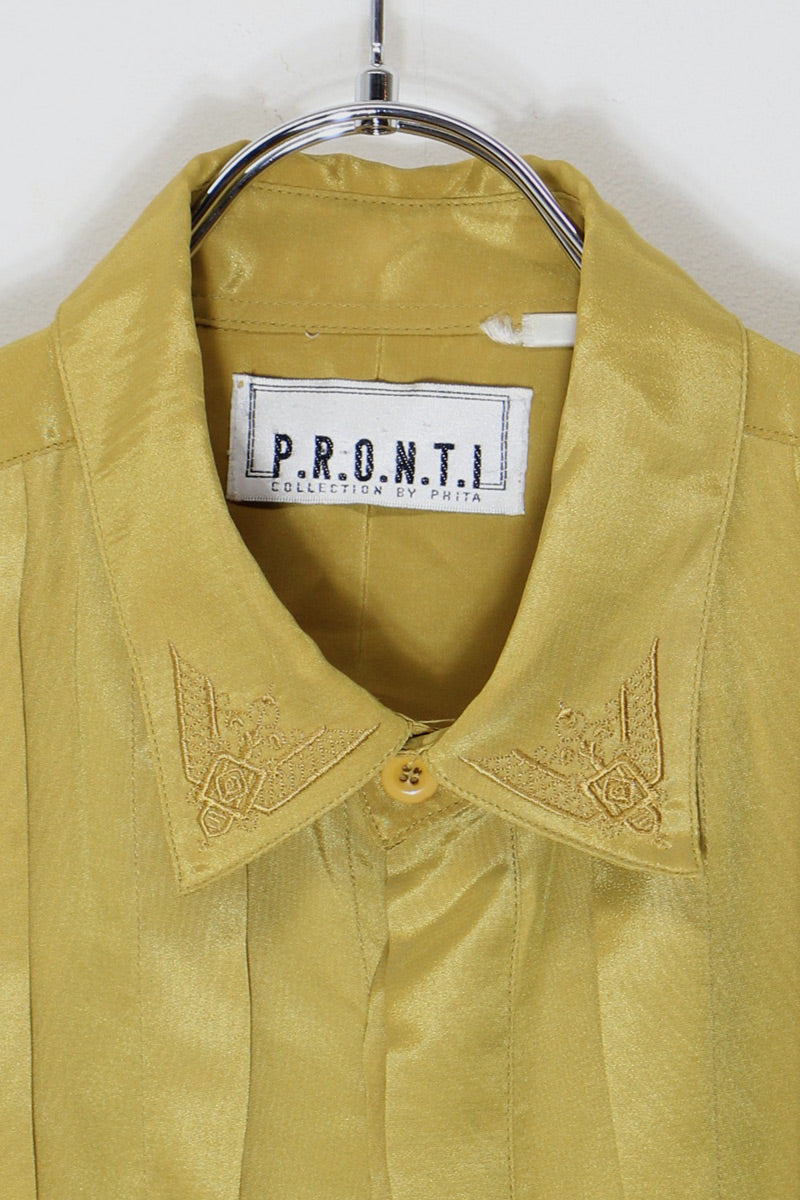 90'S L/S PLEATS SHIRT / MUSTARD [SIZE: XL USED]