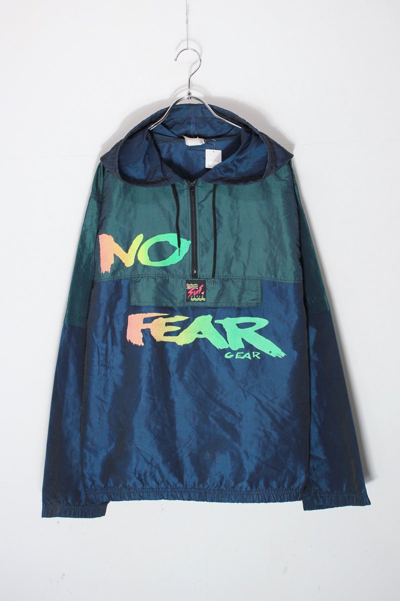 90'S NO FEAR GEAR NYLON PULLOVER HOODIE JACKET / GREEN/NAVY/NEON [SIZE: Approx. XL USED]