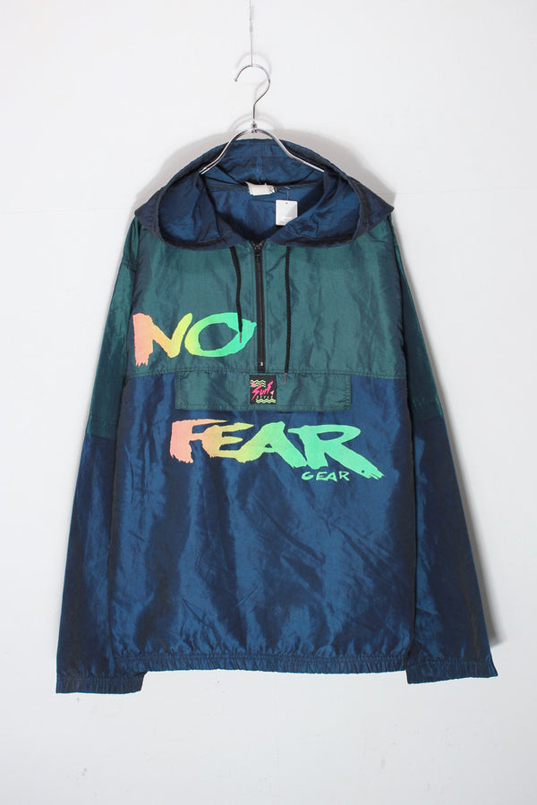 90'S NO FEAR GEAR NYLON PULLOVER HOODIE JACKET / GREEN/NAVY/NEON [SIZE: Approx. XL USED]